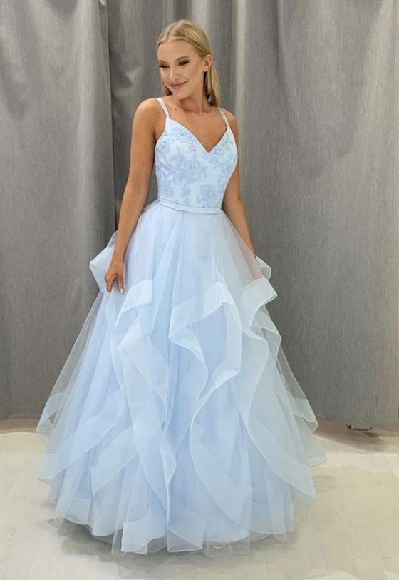Blue v neck tulle lace prom gown formal dress  cg8616