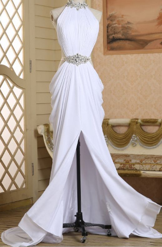 Sexy Column Long Prom Dress,Halter Neck Slip White Chiffon Prom Dress, Beading Prom Dress  cg8622