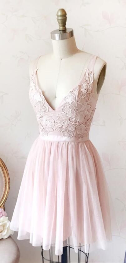 Cute A Line V Neck Backless Tulle Pink Short Homecoming Dresses with Appliques  cg8632