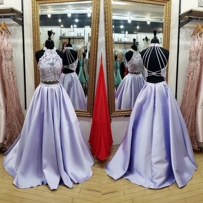 Two Piece High Neck Lavender Satin Long Prom Dress  cg8638
