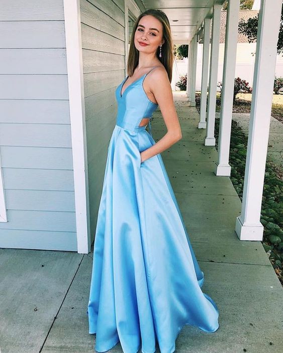 Charming Blue V neck Evening Dress, Sexy Sleeveless Beaded Long Prom Dresses  cg8646