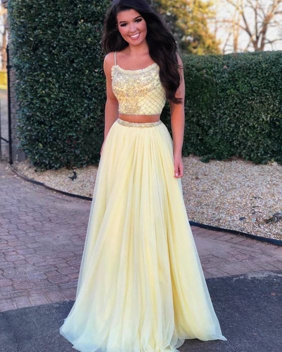 Charming Two Piece Appliques Yellow Prom Dress, Sexy Spaghetti Straps Evening Party Dress  cg8655