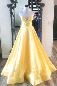 spaghetti straps yellow satin long prom dress  cg8665