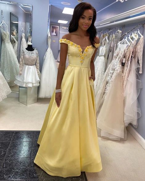 Off the Shoulder Yellow Satin Long Prom Dress  cg8666