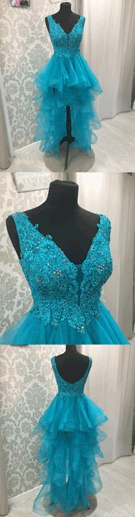 blue v neck lace tulle long prom dress  cg8668