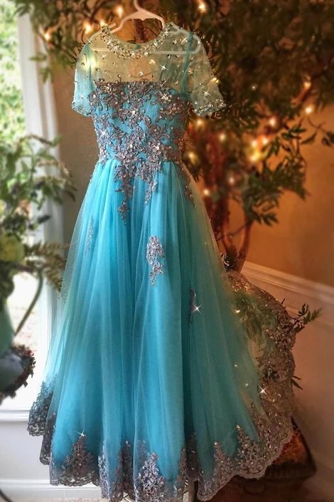Dark turquoise organza see-through applique beading long prom dresses, evening dresses  cg8694