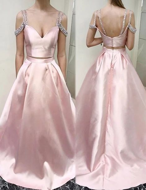 Two Piece Scoop Cold Shoulder Pink Floor-length Beading Prom Dress cheap prom dresses  cg8698