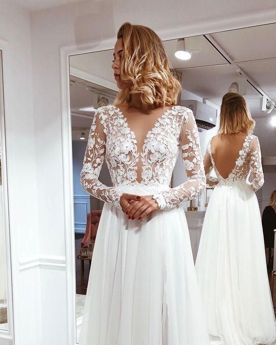 Simple A Line V Neck Open Back Ivory Lace Long Sleeves Prom Dresses  cg8705