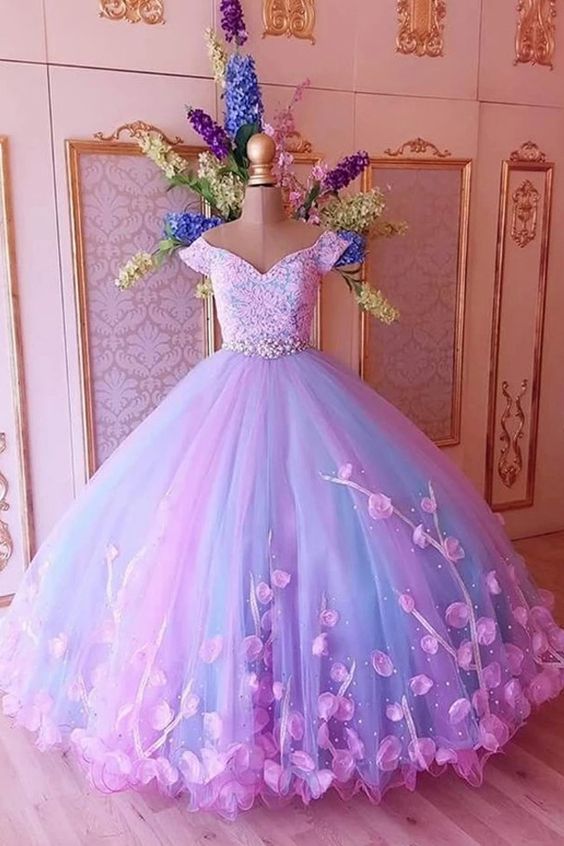 Attractive Tulle Off-the-shoulder Neckline Ball Gown Evening prom Dresses With Lace Appliques & Handmade Flowers & Rhinestones  cg8718