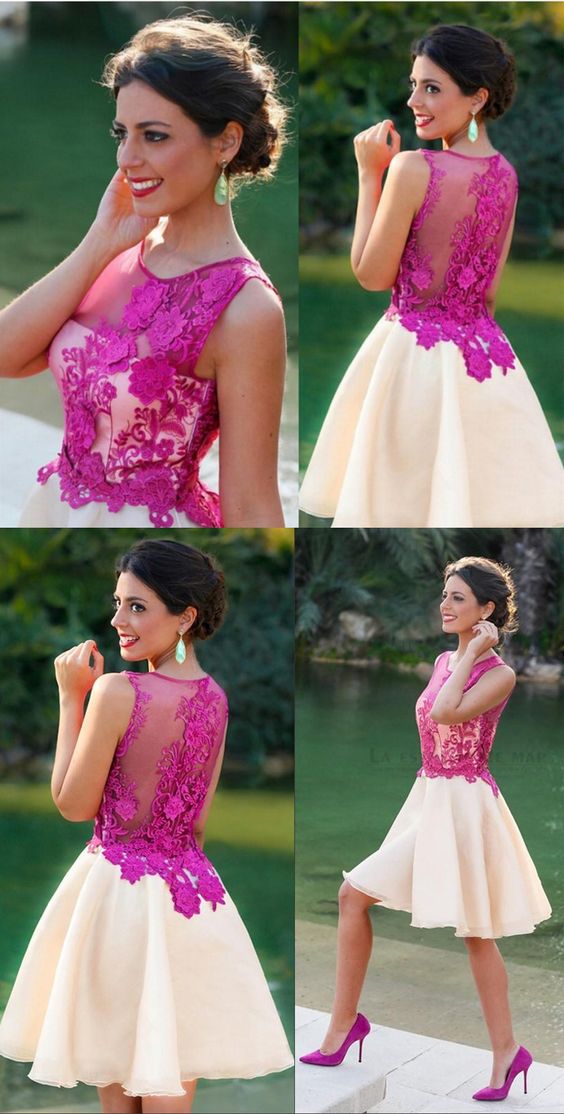 homecoming dresses, ivory homecoming dresses, a line homecoming dresses, fuchsia appliques homecoming dresses, sheer homecoming dresses  cg8747