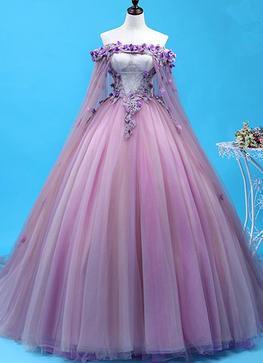 Light Purple Tulle Long Sweet 16 Gown, Flowers Quinceanera prom Dress  cg8768