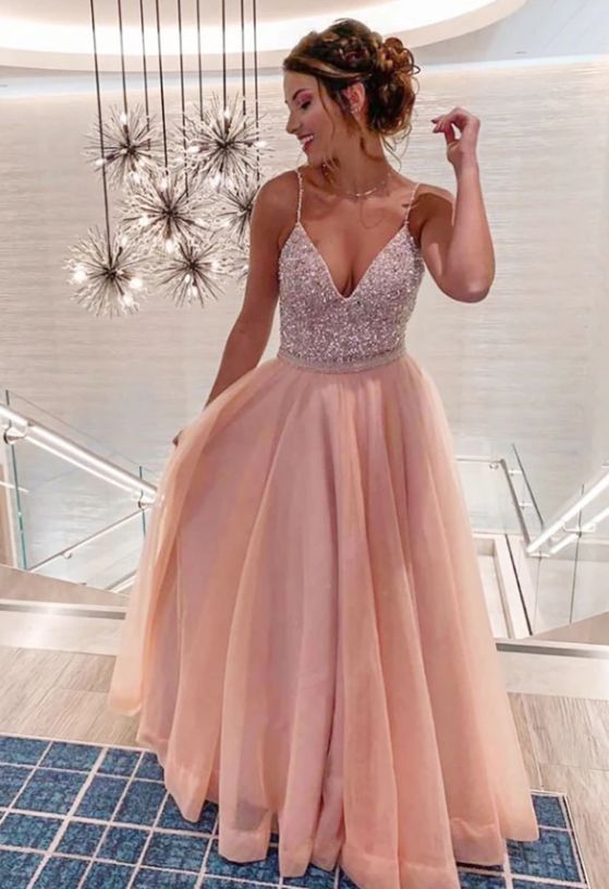Pink v neck tulle beads prom dress evening dress  cg8780