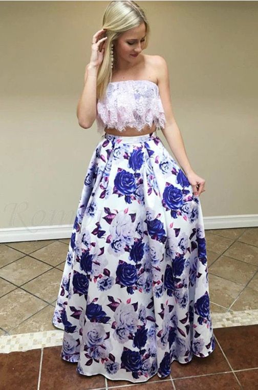 Two Piece Strapless Floor-Length Floral Printed Prom Dress with Lace Top  cg8785