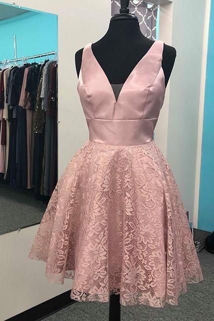 Pretty V-neck Pink Lace Satin V-neck Short Homecoming Dresses   cg8797