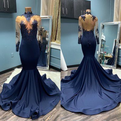 Sexy Long Sleeves Mermaid Navy Blue Evening prom Dress   cg8810