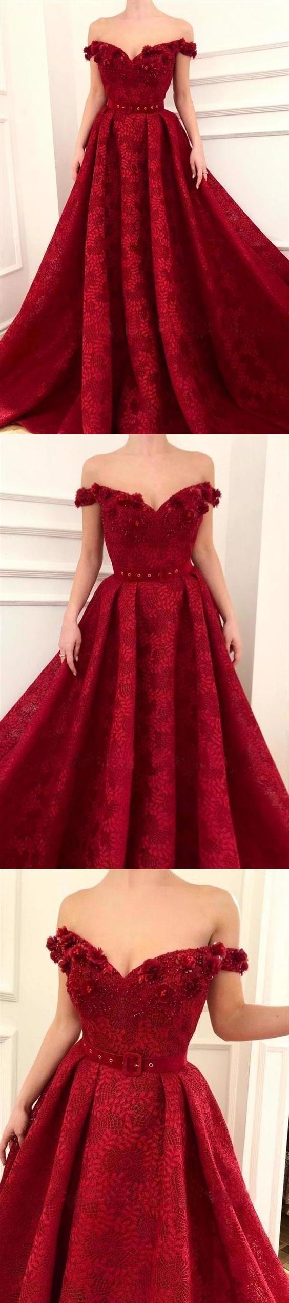 Charming Red Lace Off the Shoulder Prom Dresses, V Neck Handmade Flowers Party Dresses  cg8812
