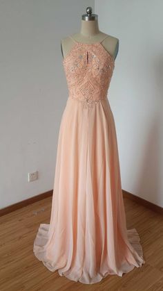Backless Spaghetti Straps Light Peach Chiffon Long Prom Dress  cg8813