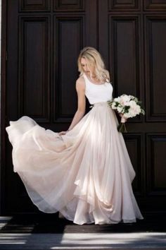 blush pink wedding skirt with white top crop  Long Prom Dress  cg8815