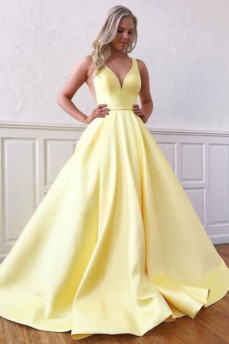 Simple yellow v neck satin long prom dress yellow formal dress  cg8845