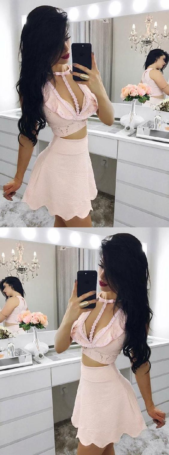 Engrossing Homecoming Dress Pink, Homecoming Dress Lace, Homecoming Dress Two Piece cg885