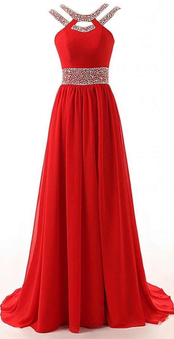 Long A-Line Red Split Beaded Chiffon Evening Winter Formal Prom Dress  cg8852