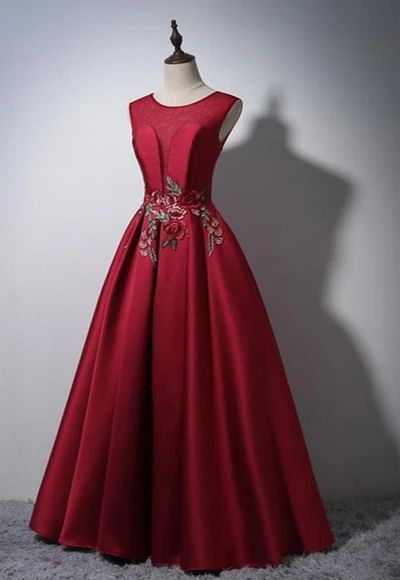 Red satin scoop neck long A-line senior prom dress with flower appliques  cg8854