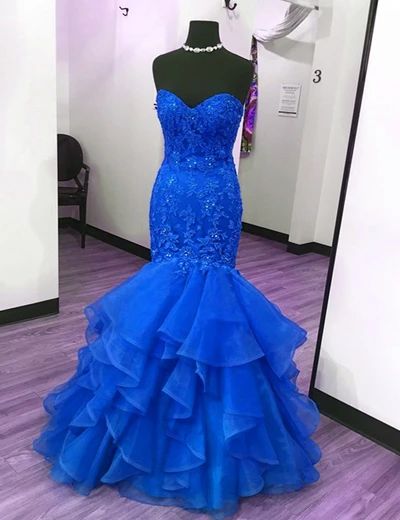 royal blue lace long mermaid evening dress with rhinestone prom dresses  cg8862