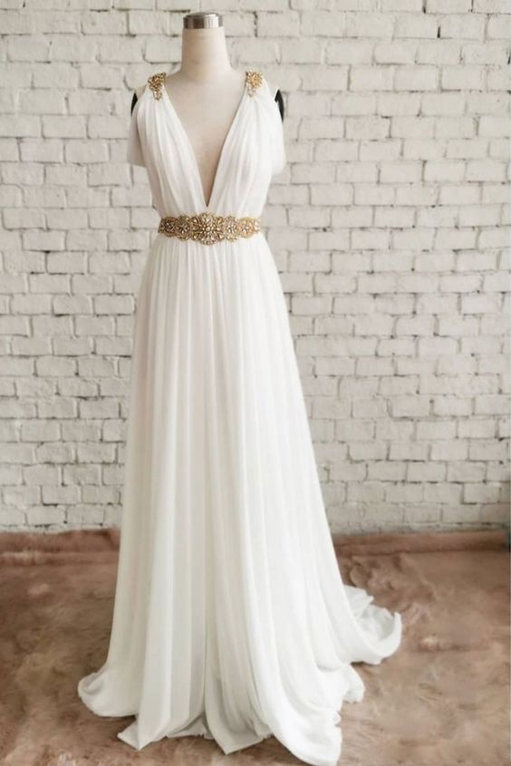 White Chiffon V Neck Sweep Train Gold Waistline Evening Dress, Prom Dress  cg8882