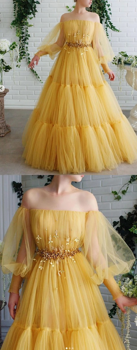 Yellow Tulle Off Shoulder Long A Line Formal Prom Dress With Sleeves  cg8889
