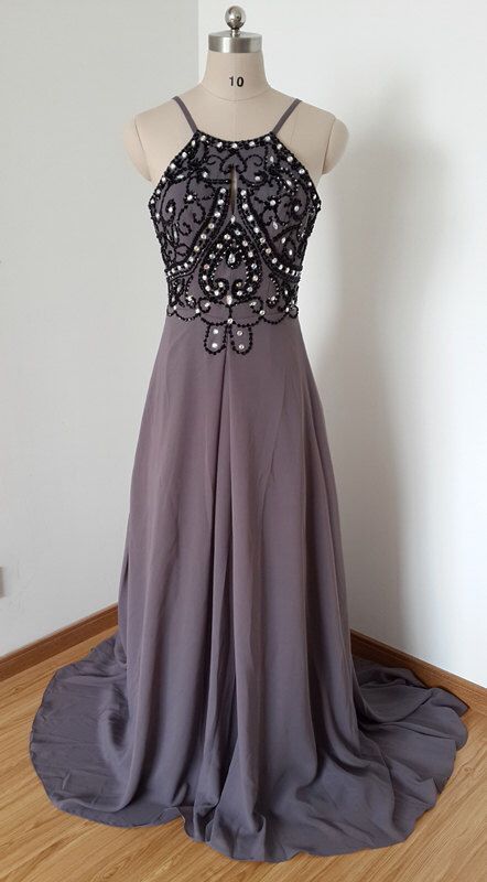 Sexy Backless Spaghetti Straps Grey Purple Chiffon Beaded Long Prom Dress with Long Train  cg8902