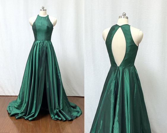 A-line Halter Emerald Green Taffeta Long Prom Dress with Slit  cg8921