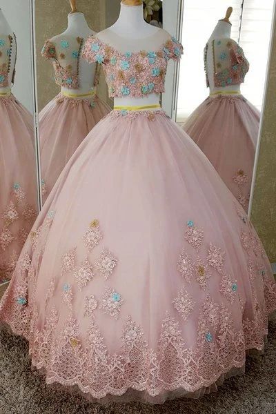 Pink Tulle Two Pieces Cap Sleeve Sweet 16 Prom Dress With 3D Lace Applique   cg8933