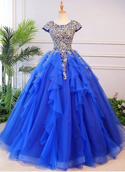 Royal blue tulle ruffles long cap sleeve evening dress, lace senior prom dress  cg8935