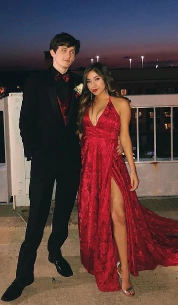 sexy deep v neck long prom dresses, fashion laced senior prom dresses with high leg split, modest a line prom dresses for teens   cg8945