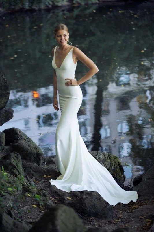 Ivory Beach Mermaid Wedding Dresses, Sexy Deep V Neck Simple Elegant Bridal Gowns prom dress   cg9202