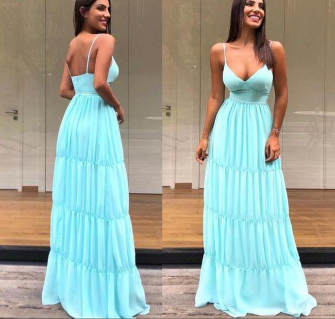 V Neck a line Prom Dresses with spaghetti strap   cg9309