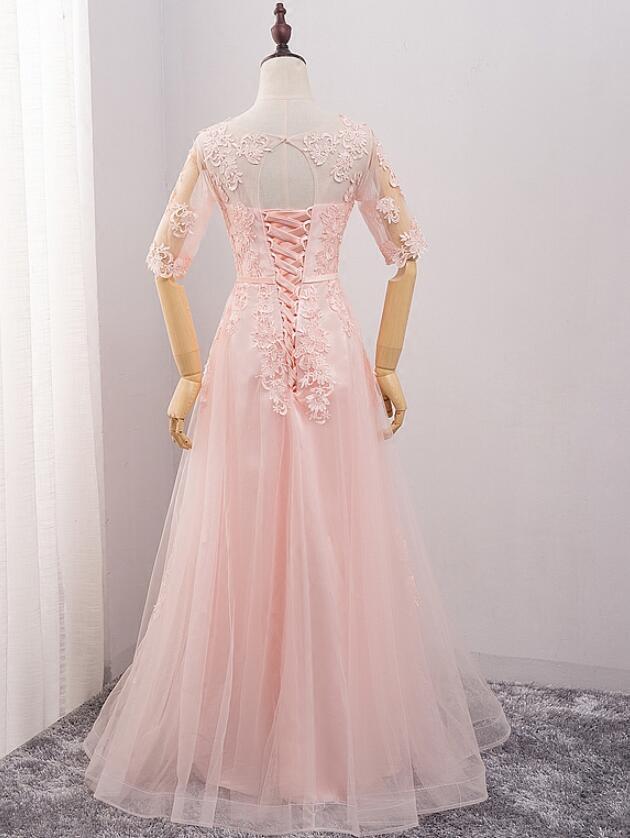 Pink Tulle Short Sleeves Long Bridesmaid Dress, Pink Evening prom Gown  cg9323