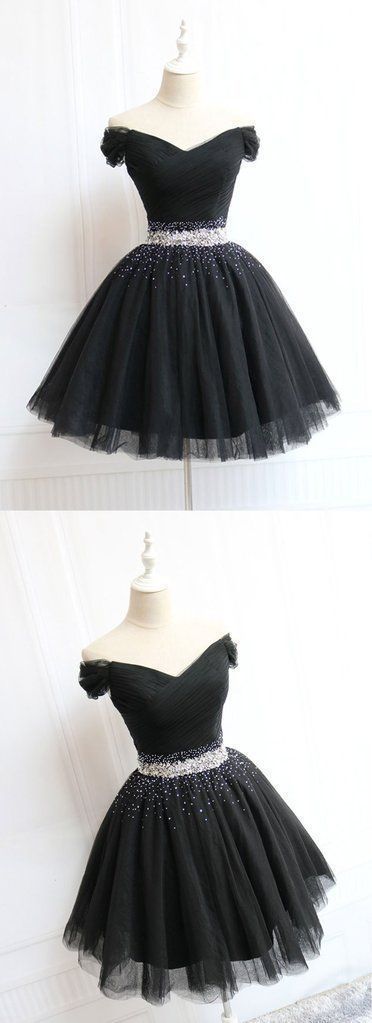 Beautiful Cute Charming Black Tulle V Neck Beaded Short Dress, Black Homecoming Dress cg938