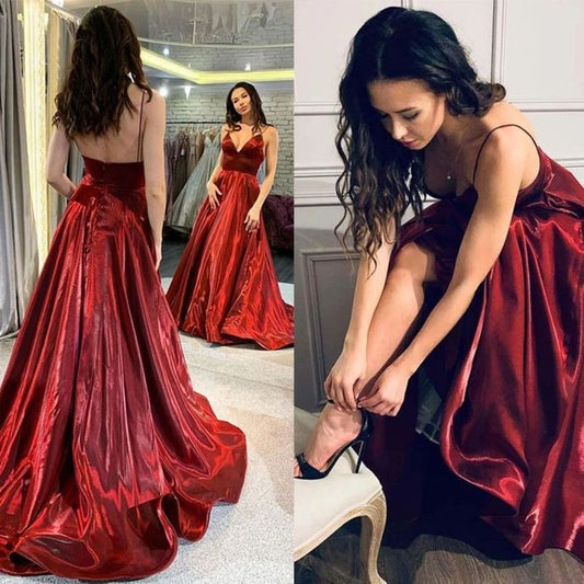Burgundy Prom Dress,Satin Prom Gown,A-Line Evening Dress,V-Neck Prom Gown   cg9435