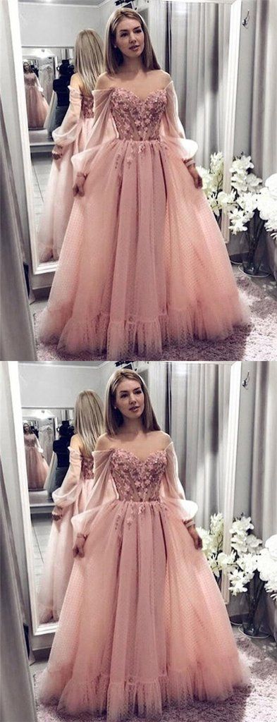 Pink Off The Shoulder Long Sleeve Long Cheap Tulle Prom Dresses With Applique cg945