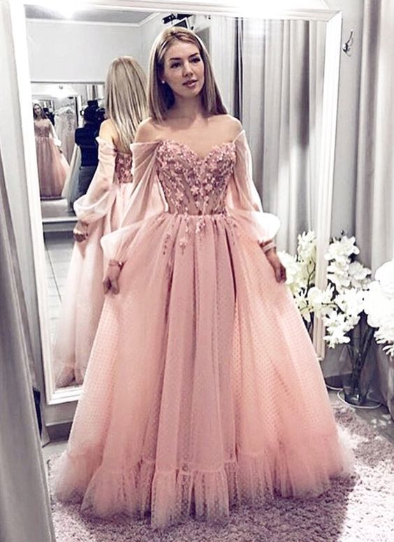 Pink Off The Shoulder Long Sleeve Long Cheap Tulle Prom Dresses With Applique cg945