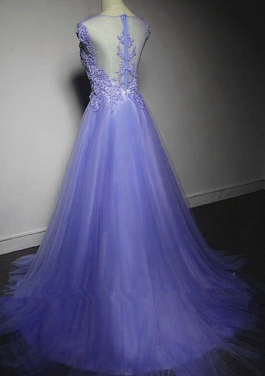 Cute Purple Tulle A-Line Bridesmaid Dress, Lace Applique Prom Dress  cg9578