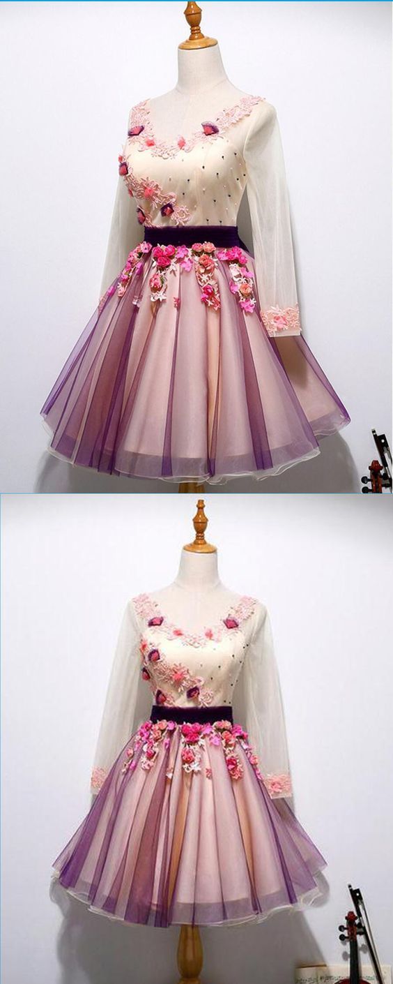 Cute Spring Tulle V Neck Short Lace Applique Party Dress With Sleeves homecoming dress  cg9646