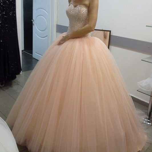 Sparkly Crystal Beaded Sweetheart Peach Tulle Wedding Dresses Ball Gowns prom dress    cg9796
