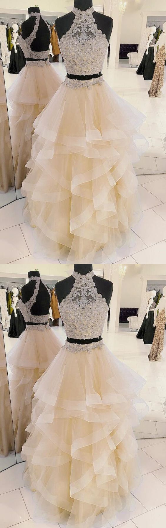 Halter Champagne Prom Dress,New Arrival Two-Piece Prom Dress,Cheap prom Dress,Beading Prom Dress,Tulle Long Prom/Evening Dress with Applique cg984