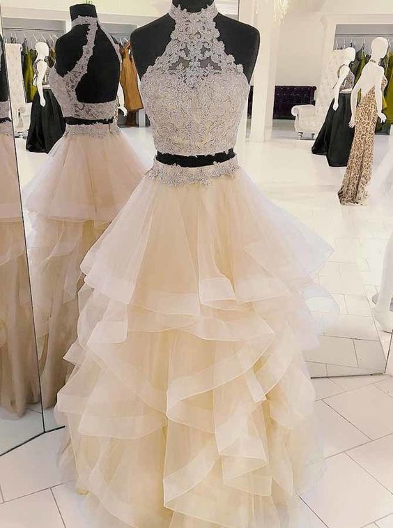 Halter Champagne Prom Dress,New Arrival Two-Piece Prom Dress,Cheap prom Dress,Beading Prom Dress,Tulle Long Prom/Evening Dress with Applique cg984