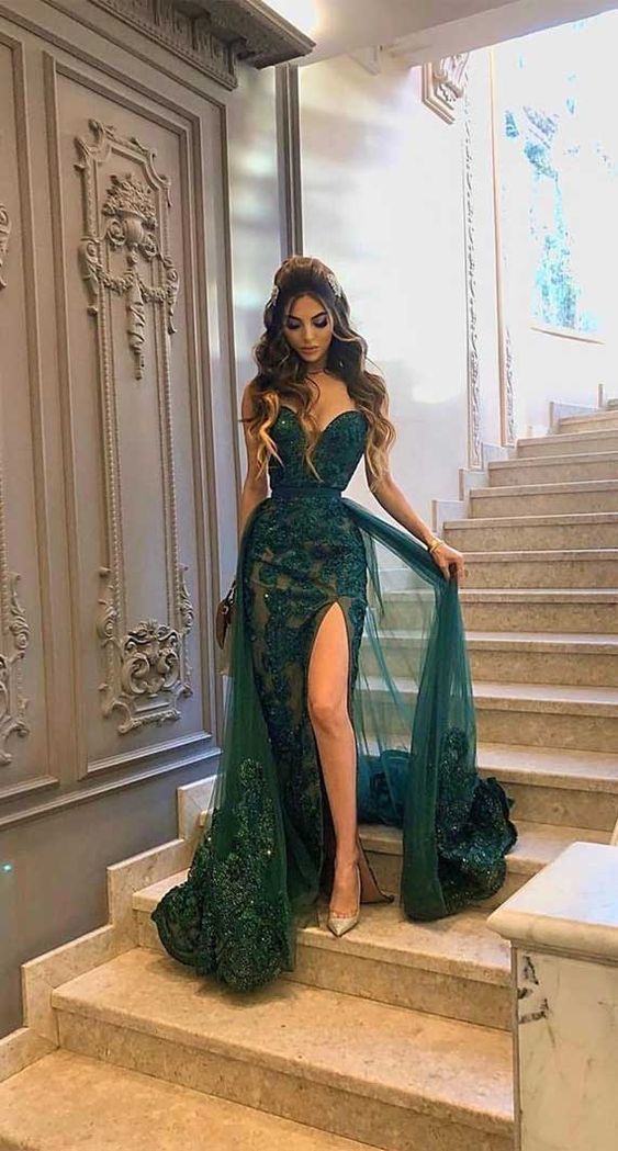 Green sleeveless sweetheart long prom dress with split   cg9868