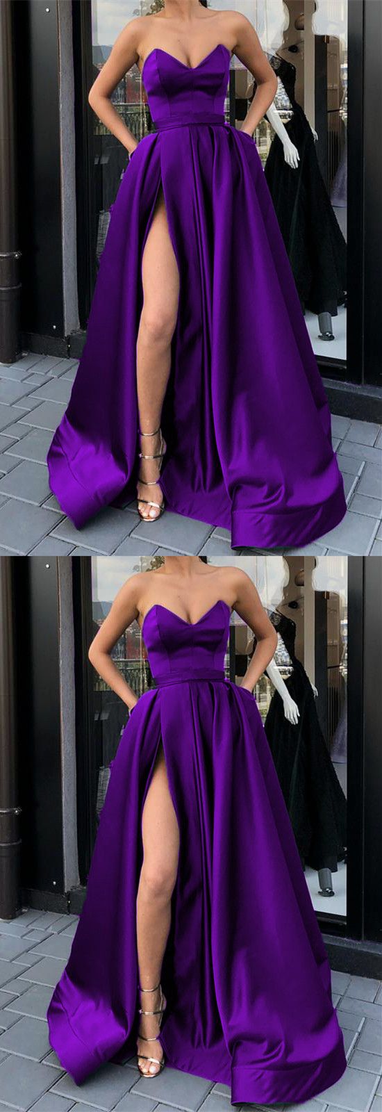 purple satin strapless prom dresses with pockets   cg9905