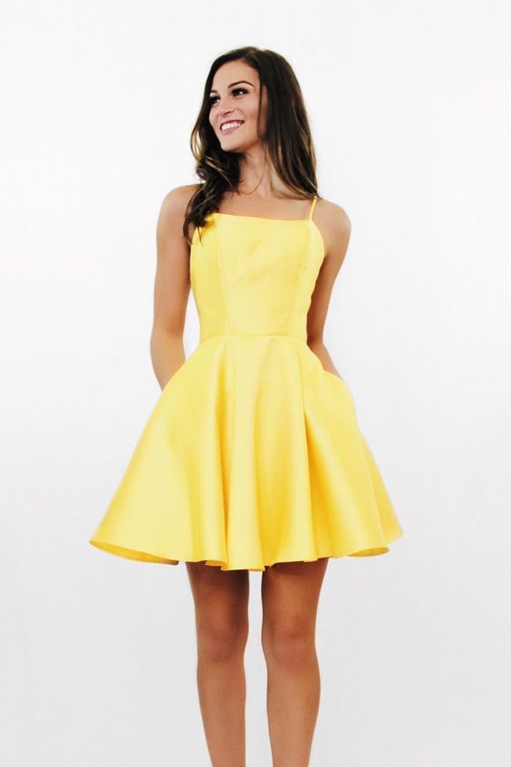 Short Yellow  Dresses Homecoming Dresses with Pockets cg992