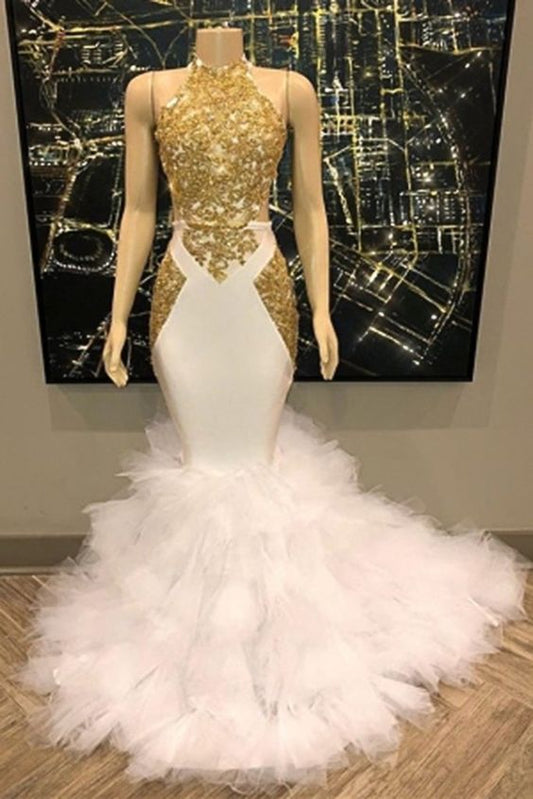 Gold and White Long Mermaid Prom Dress, Evening Gowns   cg9942